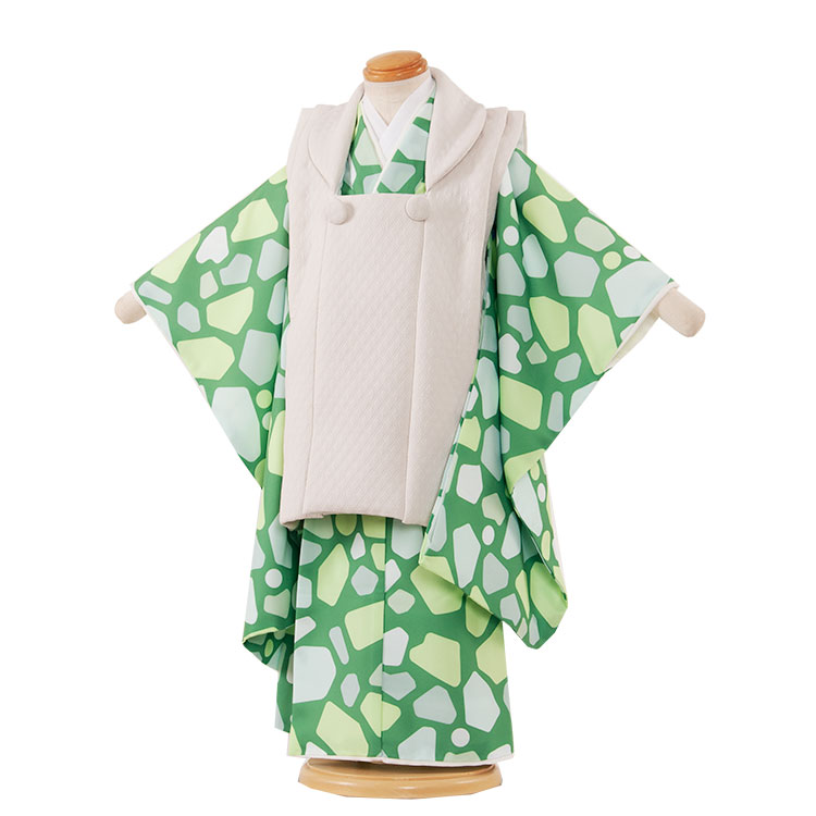 【レンタル】七五三 3歳 男の子 5-75 ベージュ 緑 被布 着物 レンタル アンティーク レトロ モダン おしゃれ 古典 レンタル 男児 七五三 3歳 子供...