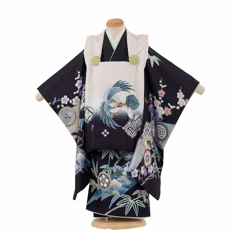 【レンタル】七五三 3歳 男の子 5-85 黒 鷹 被布 着物 レンタル アンティーク レトロ モダン おしゃれ 古典 レンタル 男児 七五三 3歳 子供 きも...