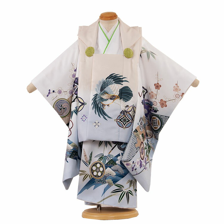 【レンタル】七五三 3歳 男の子 5-86 白地 鷹 被布 着物 レンタル アンティーク レトロ モダン おしゃれ 古典 レンタル 男児 七五三 3歳 子供 き...