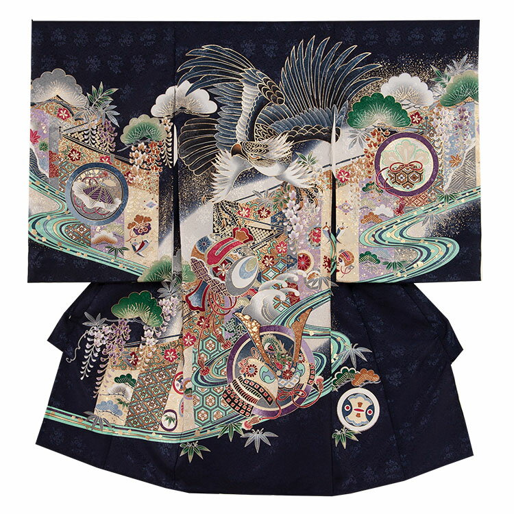 【レンタル】【夏用】 サマー 6月～9月単衣 2-22　単衣　紺色　鷹　ふたごちゃん 男の子レンタル産着 産着レンタル 祝着レンタル 着物レンタル 男の子産着 お宮参り 初着 祝い着 赤ちゃん着物 記念撮影 往復送料無料