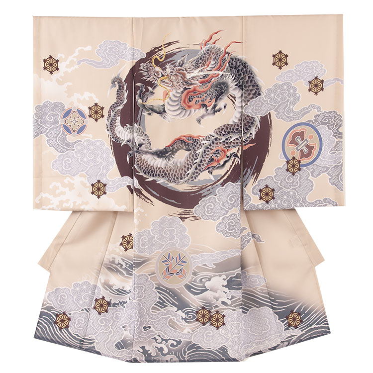 【レンタル】【夏用】 男の子産着 サマー 6月～9月 2-40 単衣 ベージュ辰 波 男の子レンタル産着 産着レンタル 祝着レンタル お宮参り 初着 祝い着 赤ちゃん着物 京都 夏 涼しい 記念撮影 往復送料無料