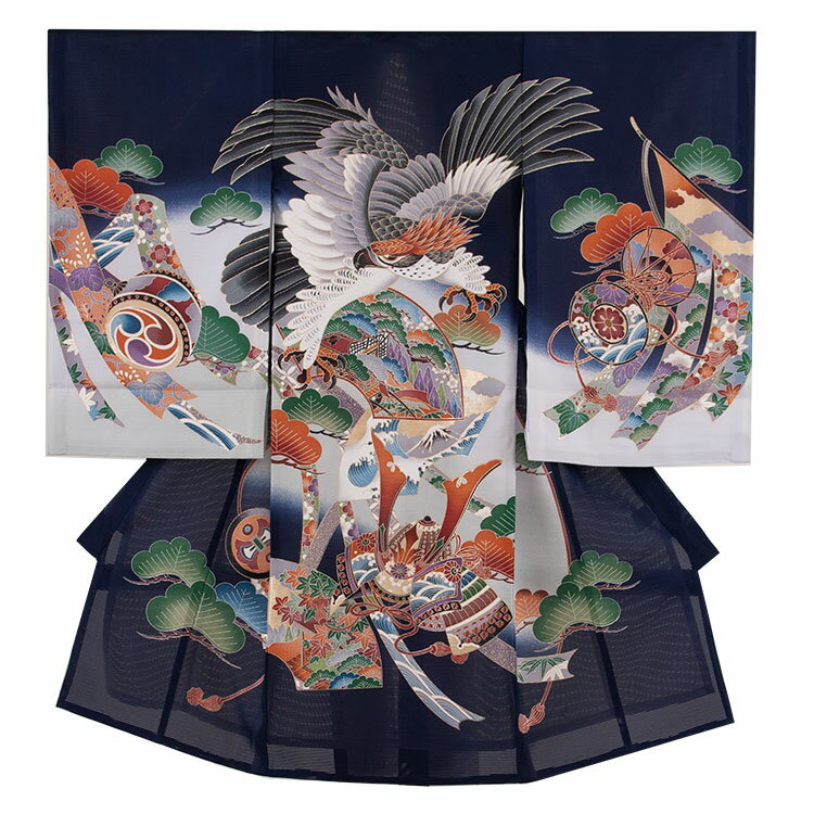 【レンタル】【正絹】【夏用 絽】紺地 鷹に兜 松 0099 男の子産着 サマー 6月～9月 男の子レンタル産着 産着レンタル 祝着レンタル お宮参り 初着 祝い着 赤ちゃん着物 京都 夏 涼しい 記念撮影 往復送料無料