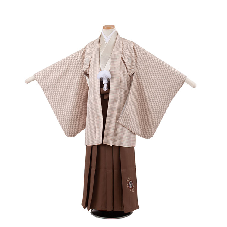 【レンタル】【かんたん着付け袴】小学校 卒業式 13参り 羽織袴 13歳 セット 袴 男の子 男の子 フルセット レンタル 簡単着付け 13歳男の子 はかま 男児 袴セット おしゃれ 和装 貸衣装 新品足袋プレゼント ★往復送料無料★ ベージュ 幾何学模様 1767