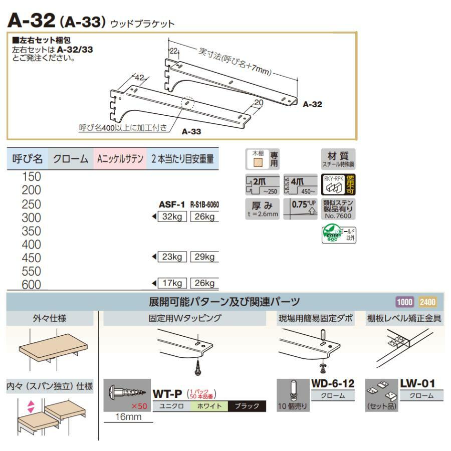 ロイヤル A-32/A-33 クローム 150mm ロイヤルウッドブラケット左右セット(木棚板専用水平ブラケット) ROYAL [3]