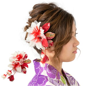 浴衣髪飾り ゆり友禅 クリップ 下がり付き 白赤【ヘアアクセサリー かみかざり レディース】通販セール