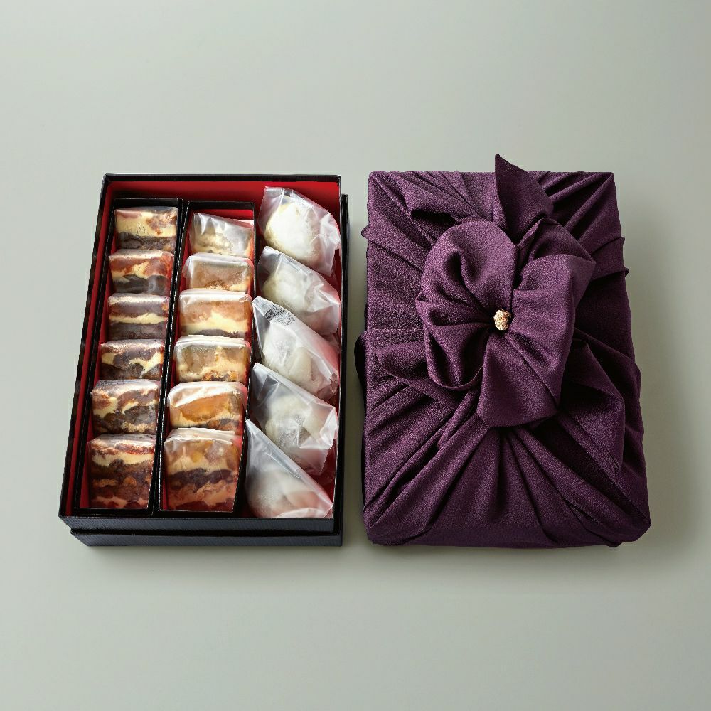 菓宴(かえん)-干柿無花果ミルフィーユ6個入・獅子柚子ミルフィーユ6個入・無花果ガナッシュ求肥包5個 風呂敷包| 贈り物 喜ばれる いちじく スイーツ お菓子 ...