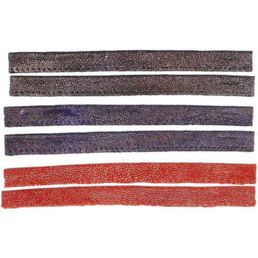 鮫革製（ガンギエイ）の面乳革下付用です。 1.5×30cm 色は黒、紺、エンジの3種類からお選びいただけます。 下付の場合、面紐は7尺のものをお選び下さい。 【剣道具・乳革】