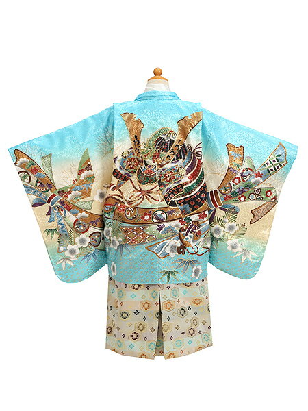 【レンタル】七五三着物男の子フルセット【袴 5歳】753B4-34a ブルー地 熨斗兜【七五三レンタル着物 五歳三歳】