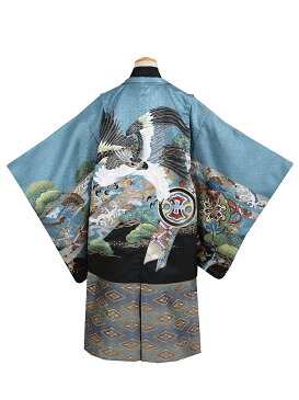 【レンタル】七五三着物男の子フルセット【袴 5歳】753B4-14b ブルー黒地 鷹 グレー金菱【七五三レンタル着物 五歳三歳】