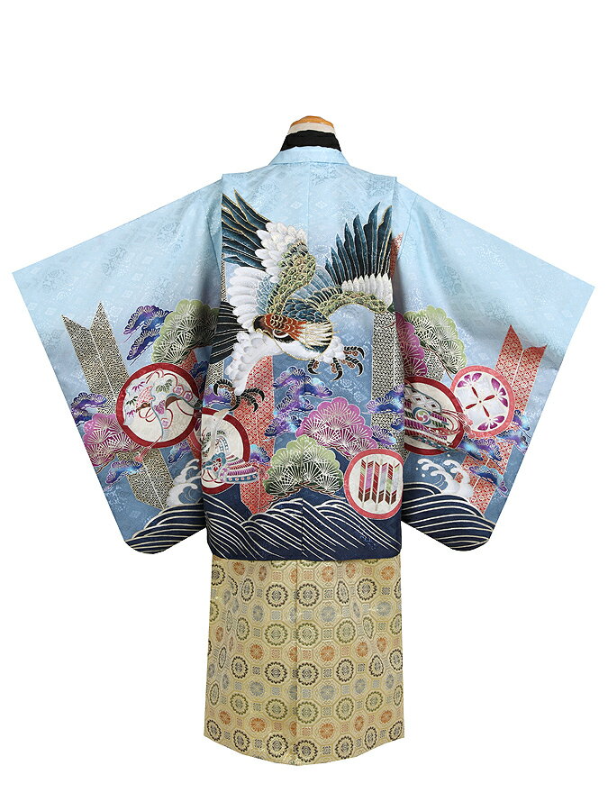 【レンタル】七五三着物男の子フルセット【袴 5歳】753B4-24b 水色地 金襴丸紋【七五三レンタル着物 五歳三歳】