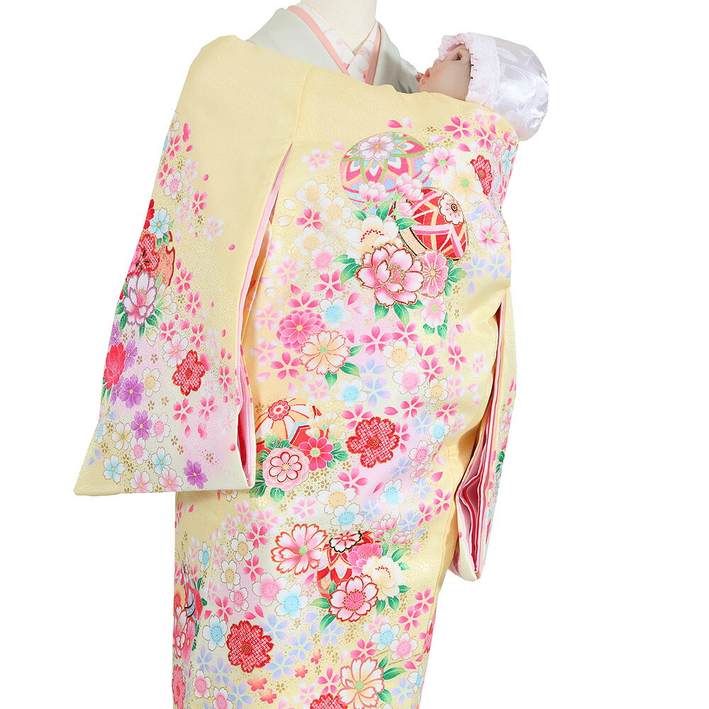 ＼命名書プレゼント中／【レンタル】お宮参り 産着 レンタル 女の子/お宮参り レンタル 女の子【京都きくや】【往復送料無料】G113 薄黄色地 鞠 小花