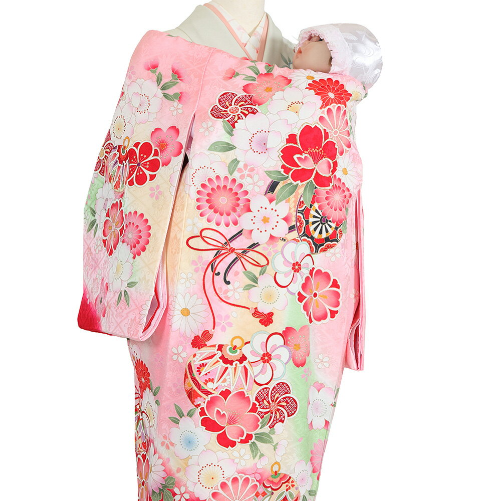 ＼命名書プレゼント中／【レンタル】お宮参り 産着 レンタル 女の子/お宮参り レンタル 女の子【京都きくや】【往復送料無料】G239 正絹ピンク地 花車