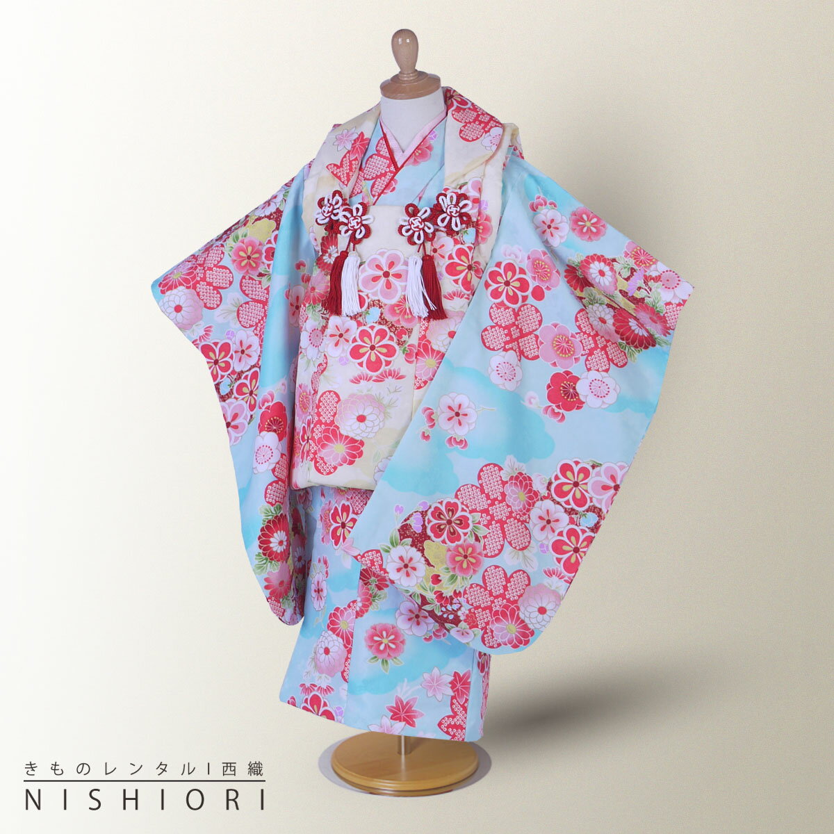 楽天和装通販 きものレンタル 西織【BLACK FRIDAY お得なクーポン配布中!】【レンタル】七五三 女の子 3歳 着物 被布 753着物 フルセット 着物 貸衣装 七五三 三歳 子供着物 女児 子ども 結婚式 和装当店オリジナル 白 青 ブルー 水色 花丸【往復送料無料】No.3080 新品足袋プレゼント