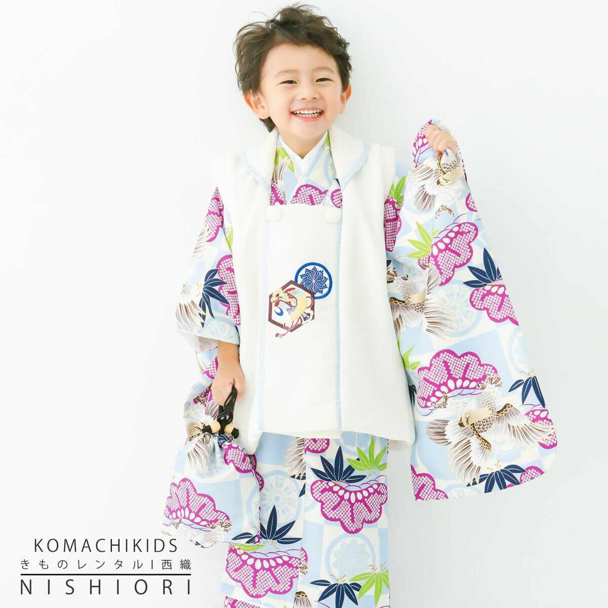 【スーパーSALE 全品半額クーポン配布中!】【レンタル】 七五三 小町Kids 被布コート 三歳 男児 着物 アンサンブル セット フルセット 被布【3歳 貸...