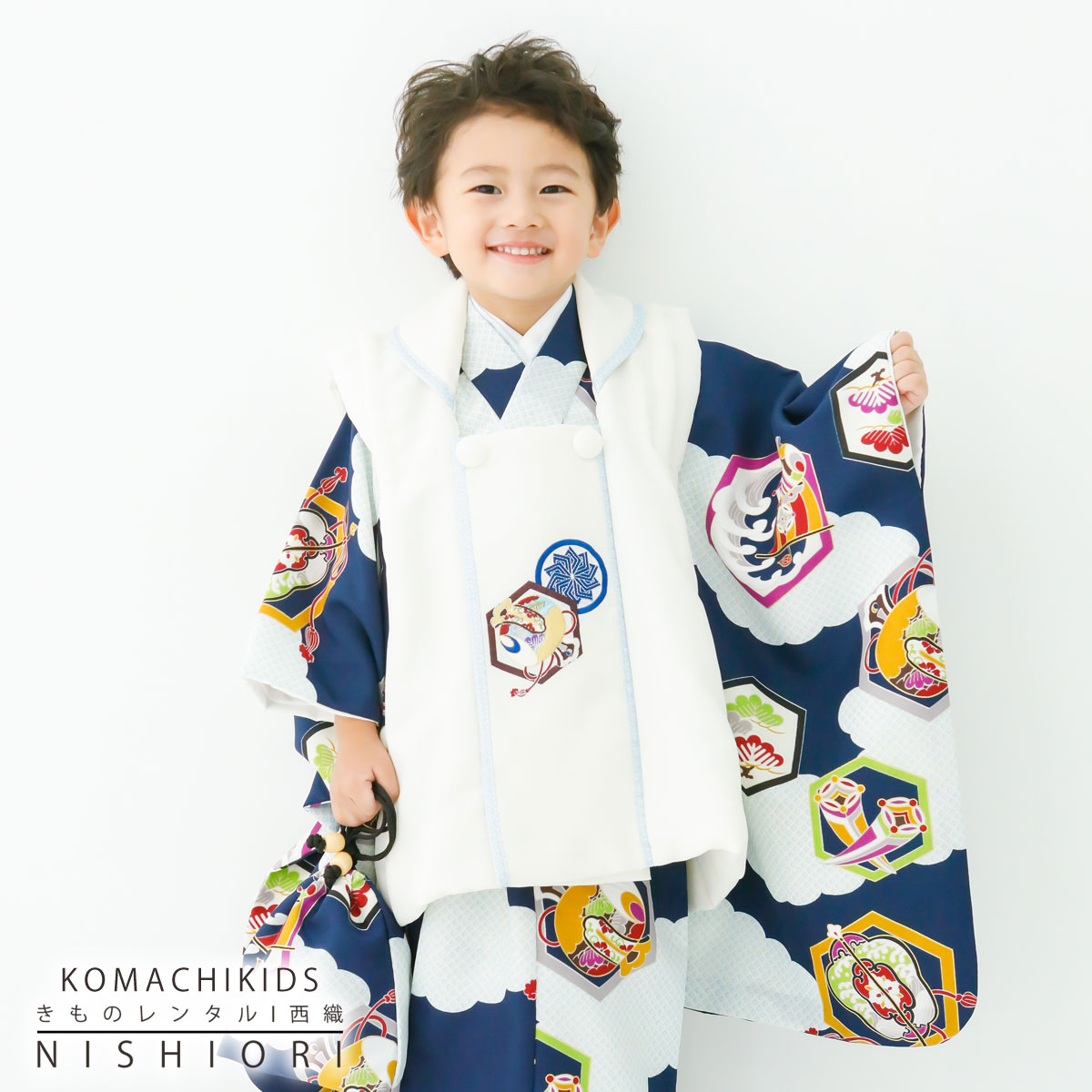 【スーパーSALE 全品半額クーポン配布中!】【レンタル】 七五三 小町Kids 被布コート 三歳 男児 着物 アンサンブル セット フルセット 被布【3歳 貸...