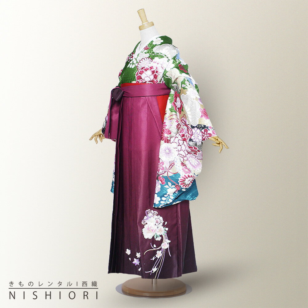 【レンタル】二尺袖 着物 袴 フルセット 【貸衣装 卒業式 大学生】 【From Kyoto】 【古典 緑 ワイン ..