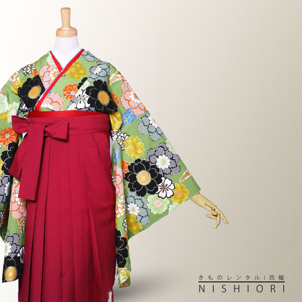 二尺袖 着物 袴 フルセット レンタル 【貸衣装 卒業式 大学生】 【レトロ 古典】【選べる袴サイズ S M L】 【ジュニア袴(小学生)対応可】緑 抹茶 桜 菊 藤 赤