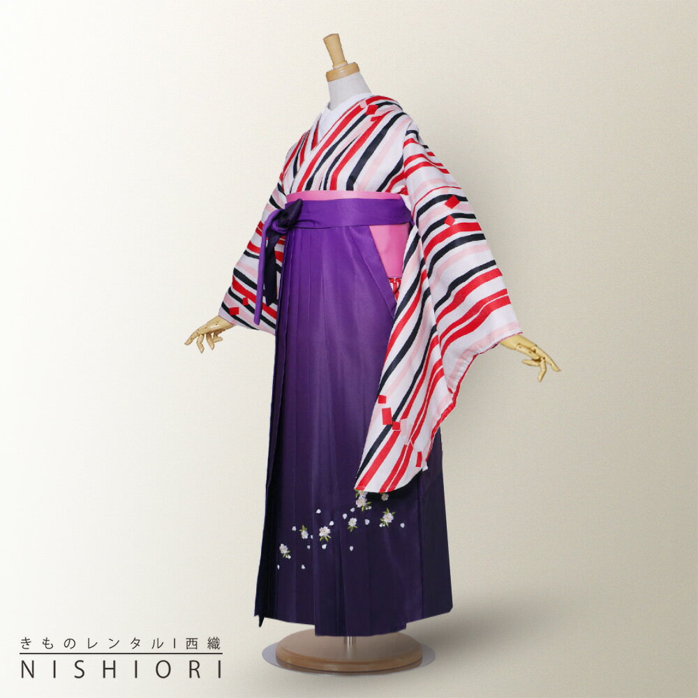 【マラソン限定10%OFFクーポン配布中!】二尺袖 着物 袴 フルセット レンタル 【貸衣装 卒業式 大学生】 【レトロ 古典】【選べる袴サイズ S M L】 【ジュニア袴(小学生)対応可】白 黒 赤 ストライプ 紫 ボカシ 刺繍