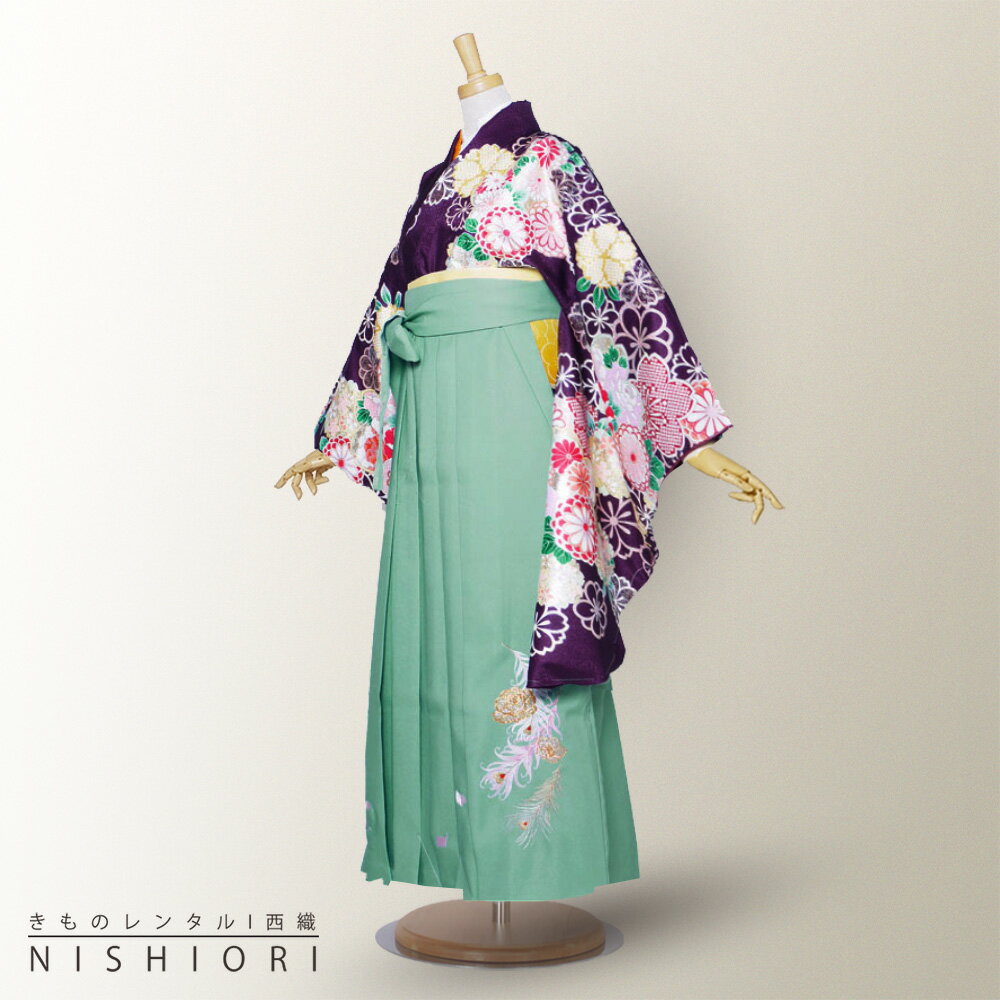 ブランド 二尺袖 着物 袴 フルセット レンタル   モダン レトロ紫 グリーン 緑 グラデーション 刺繍