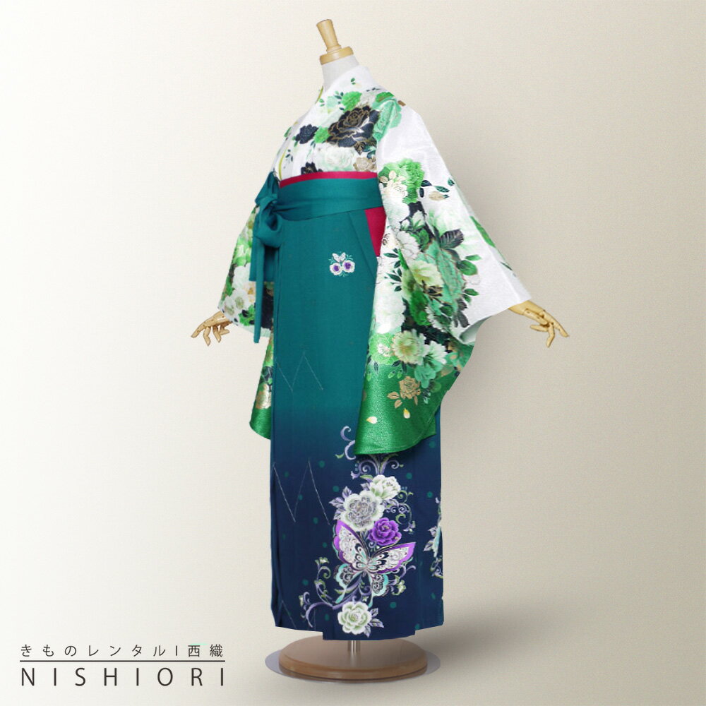 ブランド 二尺袖 着物 袴 フルセット レンタル   モダン レトロ白 緑 薔薇 グラデーション 刺繍