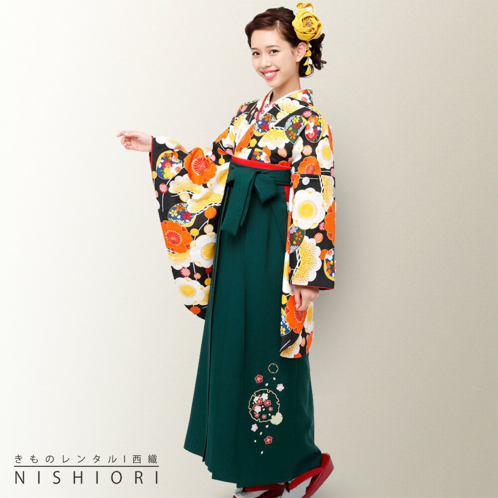 【お買い物マラソン 全品半額クーポン配布中ッ!】【レンタル】【夢千代】二尺袖 着物 袴 フルセット 【貸衣装 卒業式 大学生】 モダン レトロ 袴Sサイズ【ジュニア袴(小学生)対応可】緑 黒 刺繍のサムネイル