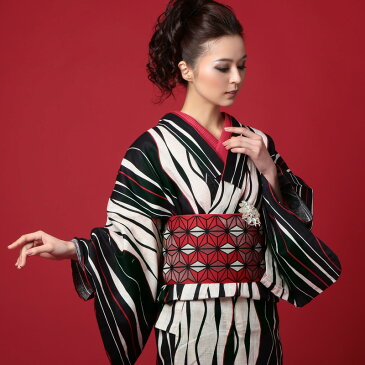 浴衣 レディース 3点セット (ゆかた/帯/下駄) 黒 縞(しま) (ブラック/縞(しま)) 【粋 綿麻浴衣 生成り地 黒波縞(d1280)】 お祭り 花火大会 浴衣 セット