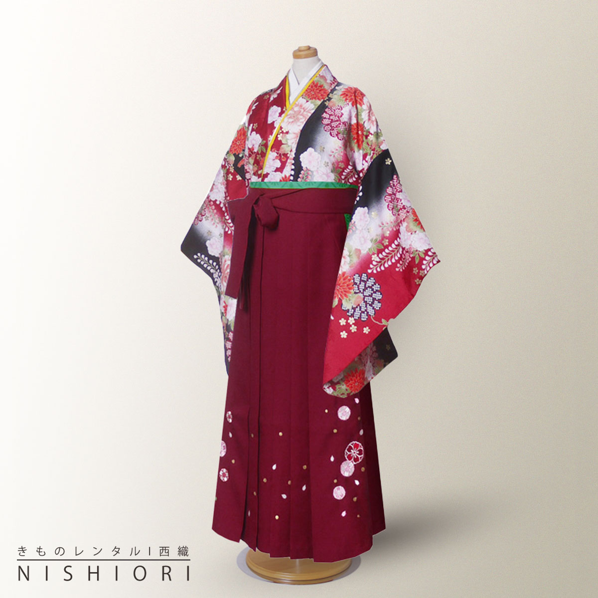 楽天和装通販 きものレンタル 西織【BLACK FRIDAY お得なクーポン配布中!】【レンタル】ジュニア 着物 袴 フルセット 【十三参り 卒業式 貸衣装 晴れ着 小学生】【赤 黒 ワイン ボカシ 刺繍】