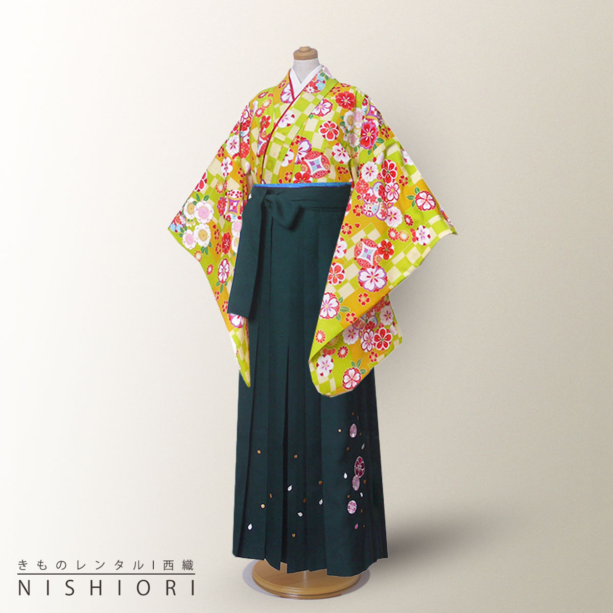 【レンタル】式部浪漫 ジュニアサイズ ブランド二尺袖 着物 袴 フルセット 【十三参り 卒業式 貸衣装 晴れ着 小学生】緑 梅 赤