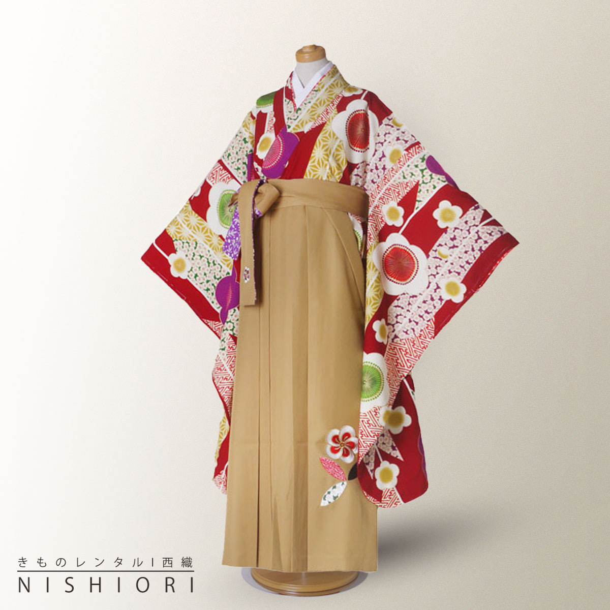 【BLACK FRIDAY 半額クーポン配布中!】【レンタル】榛原（はいばら） ジュニア 二尺袖 着物 袴 フルセット ブランド【十三参り 卒業式 貸衣装 晴れ着 小学生】赤 カラシ