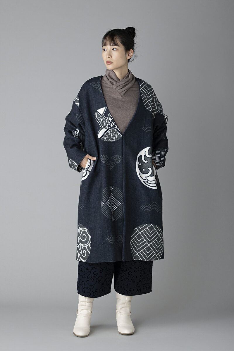 紋様柄コーディガン チャコール コート ノーカラー *京都 くろちく 公式*