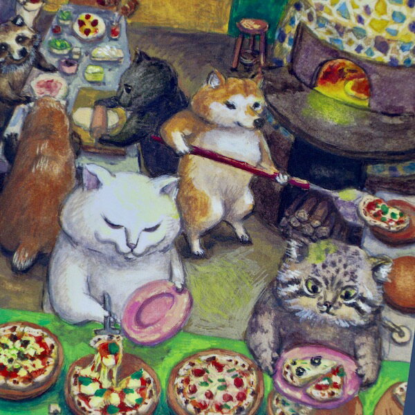 猫たちと共に心温まるひと時を感じるポストカードカマノレイコ　ピザ屋さん