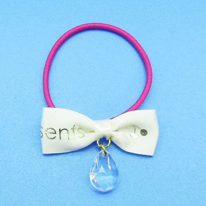 ヘアゴム　キッズ　ヘアアクセサリー【リボン/しずくストーン付ヘアゴム】【3個入】【カラー：ピンクゴム♪クリームリボン♪クリアストーン】アクセサリー/髪留め/髪飾り　可愛いおしゃれ〜　ヘアゴムパーツ