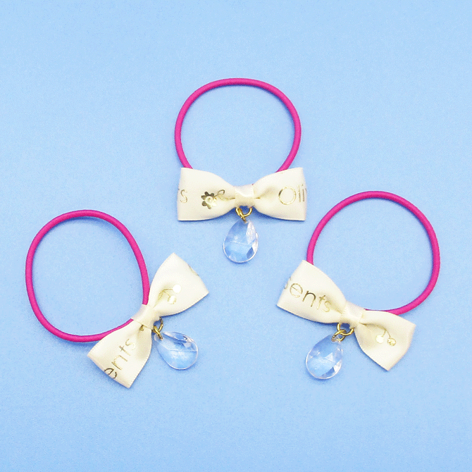 ヘアゴム　キッズ　ヘアアクセサリー【リボン/しずくストーン付ヘアゴム】【3個入】【カラー：ピンクゴム♪クリームリボン♪クリアストーン】アクセサリー/髪留め/髪飾り　可愛いおしゃれ〜　ヘアゴムパーツ