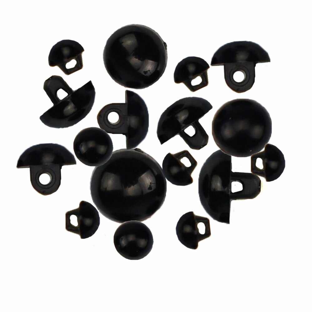 （丸ボタン）手芸　目玉　直径約6mm、9mm、10.5mm、12mm、15mm 、16mm、18mm（黒）ソリッドアイ　目　鼻　 ぬいぐるみ 人形 　手芸材料