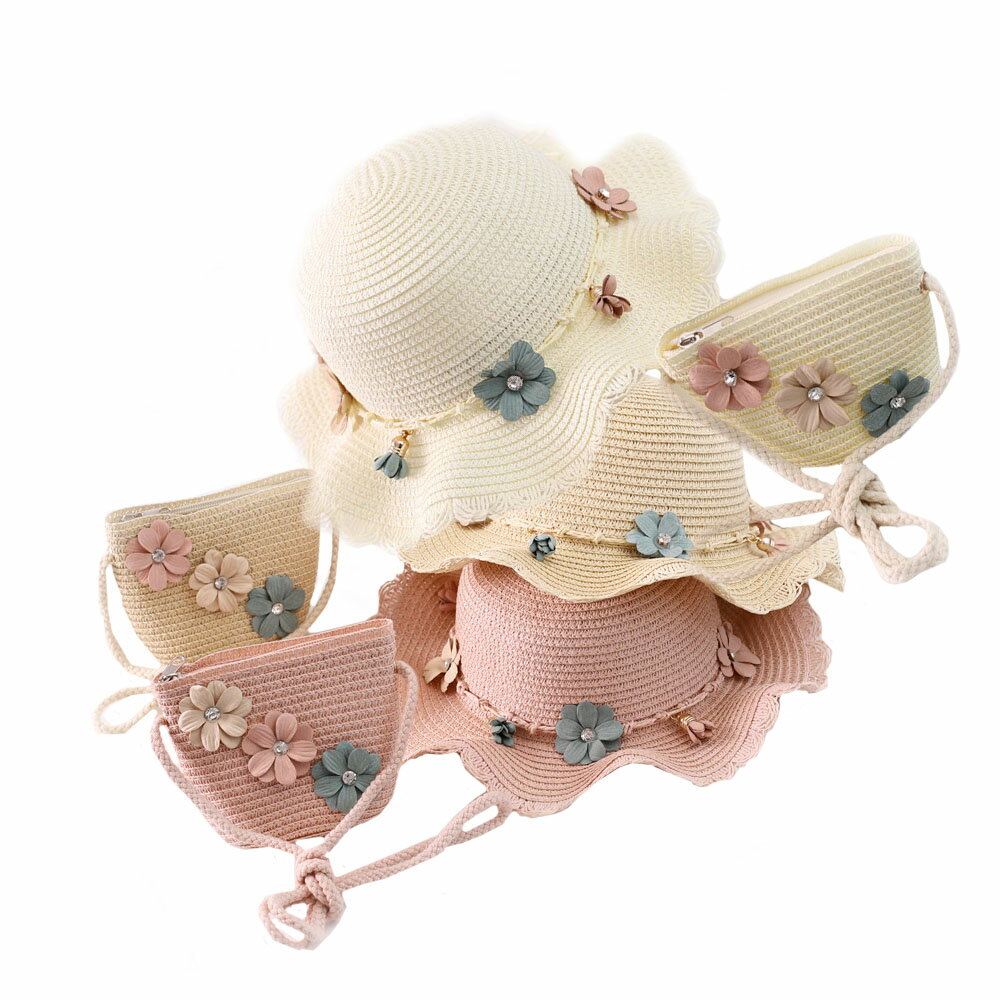 楽天BOON SQUARE　-陽気な広場-（花）麦わら帽子　ポシェット　キッズ　子ども用バッグ　女の子　ストローハット　かばん　2点セット（帽子・ポシェット）