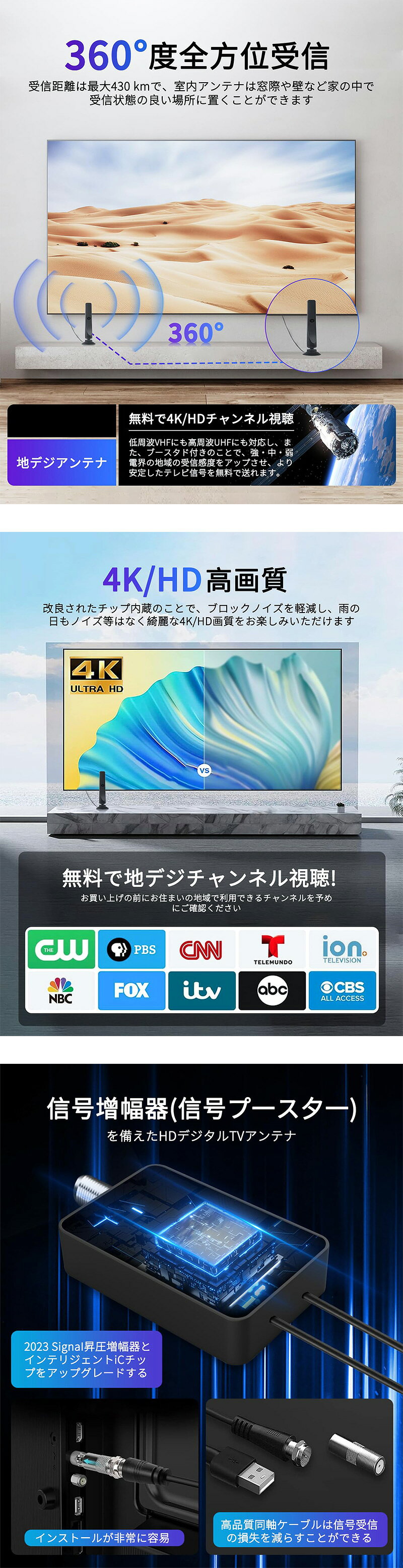 室内アンテナ テレビアンテナ 2023年強化 430KM 受信範囲 4K アンテナ 地デジアン...