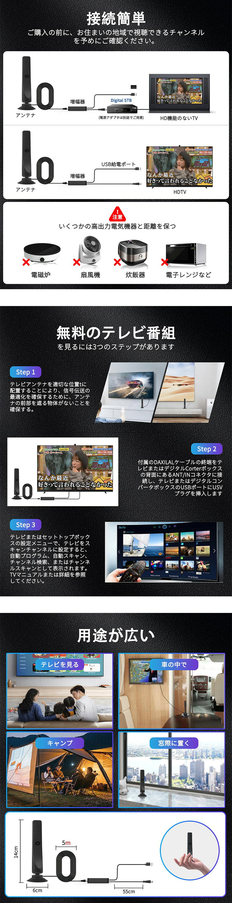 室内アンテナ テレビアンテナ 2023年強化 430KM 受信範囲 4K アンテナ 地デジアン...