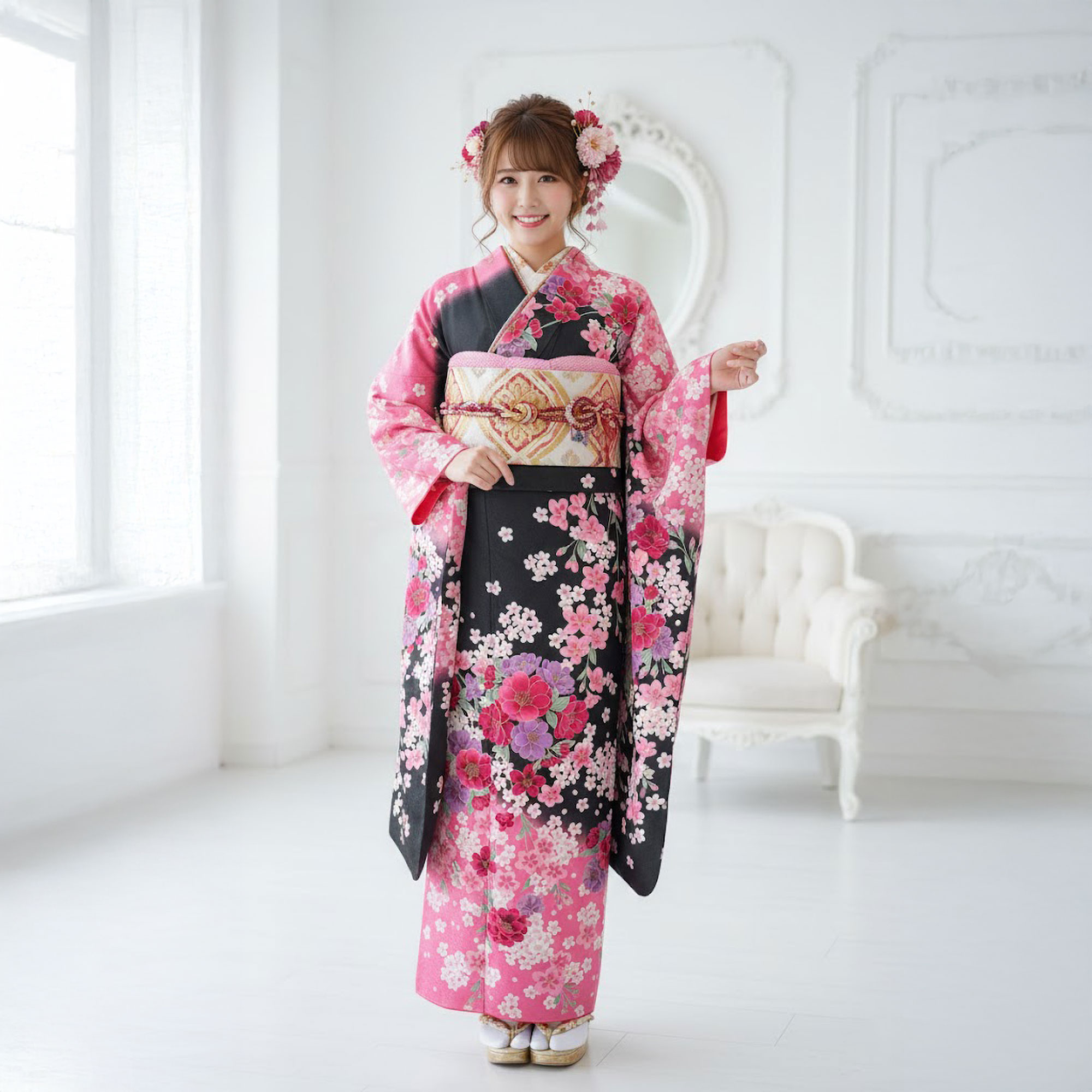レンタル 振袖フルセット成人式 結婚式 貸衣装 ふりそで!【H L】成人式 結婚式【黒...