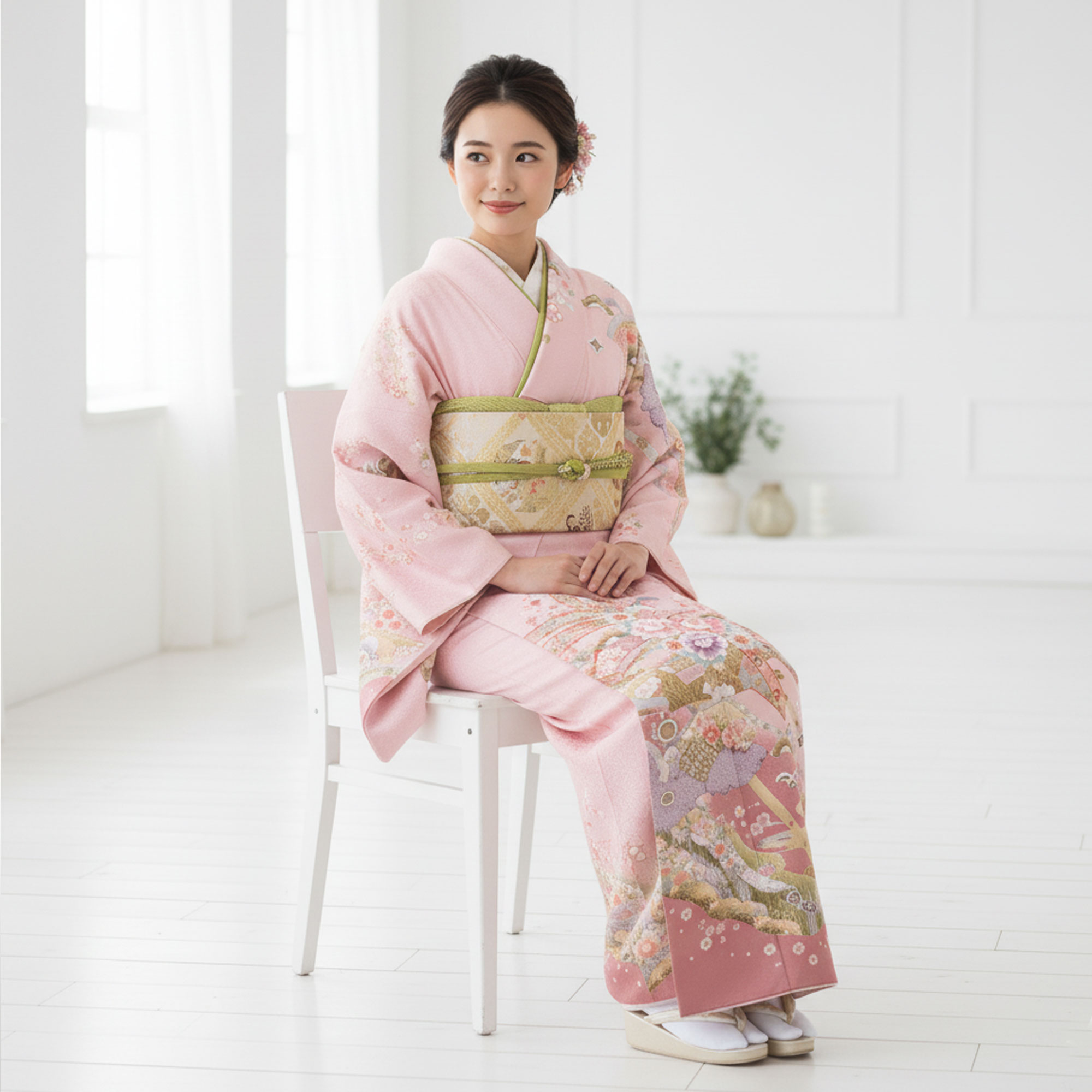レンタル 訪問着 フルセット 着物 レンタル【卒業式 七五三 結婚式 お宮参り 貸衣装】ピンク 熨斗紙 松 牡丹【往復送料無料】