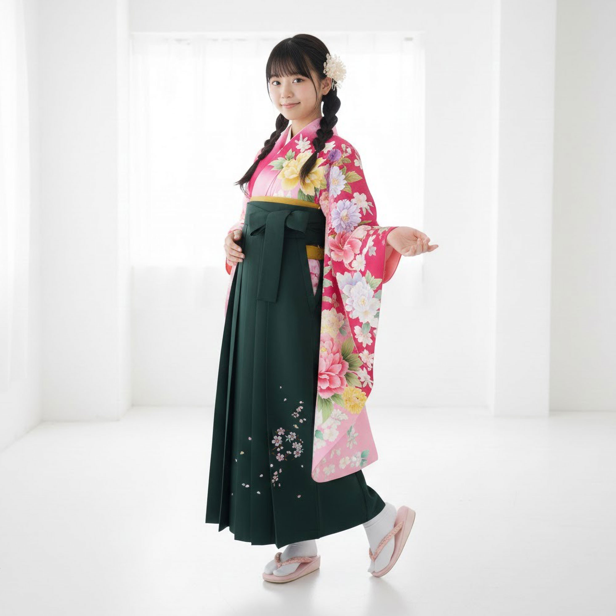 【レンタル】ジュニア 着物 袴 フルセット 【袴SSサイズ】【143cm〜148cm】十三参り 卒業式 貸衣装 晴れ着 小学生 ピンク 絵羽柄 古典 グリーン No.269