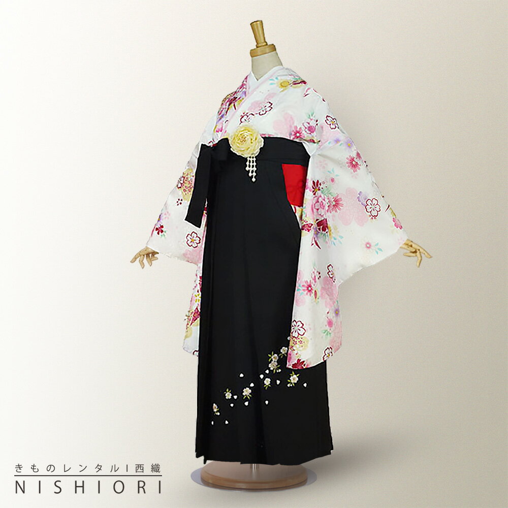 Rakuten - 二尺袖着物と袴フルセットレンタル 【貸衣装・卒業式】【白×黒×刺繍】袴・袴【選べる3サイズ S M L】【ジュニア袴(小学生)対応可】【往復送料無料】