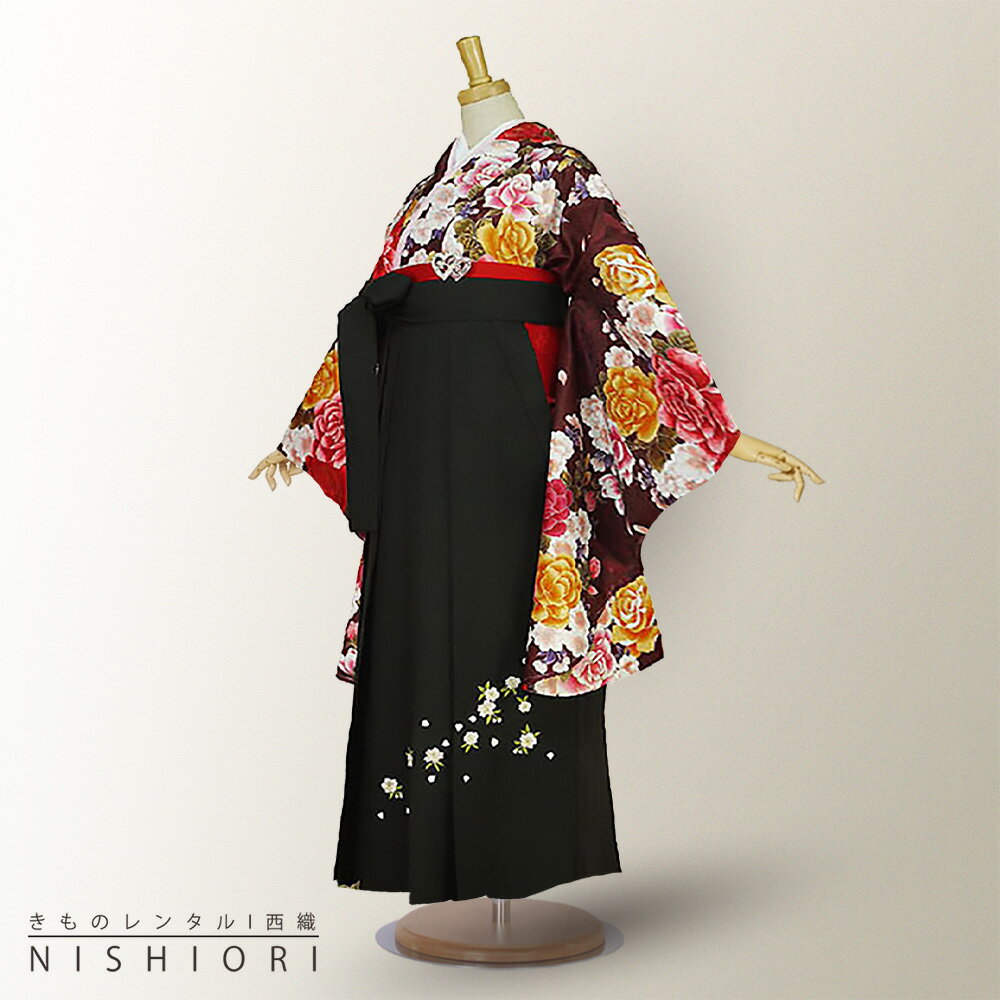 二尺袖着物と袴フルセットレンタル 【貸衣装・卒業式】【ブラウン×黒×刺繍】袴・袴【選べる3サイズ S M L】【ジュニア袴(小学生)対応可】【往復送料無料】