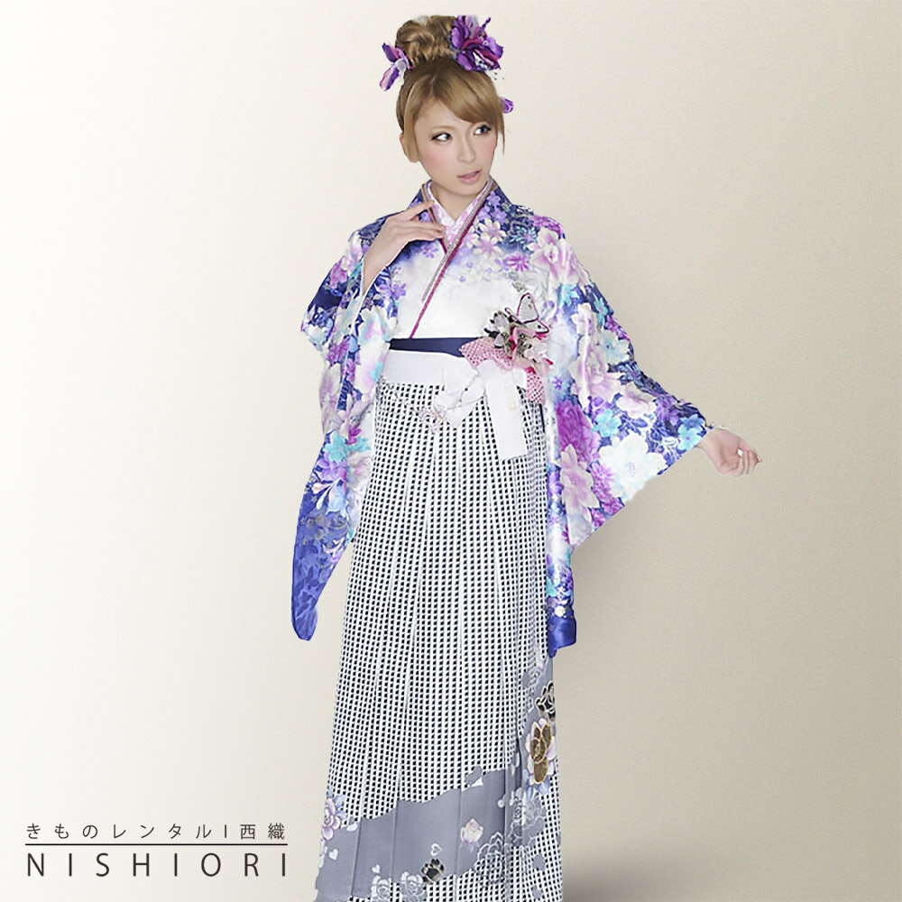 2尺袖着物と袴フルセットレンタル 【高橋真依子着用モデル】【貸衣装・卒業式】【patti patti/パティパティ】【ブルー・白・黒・友禅】【Mサイズ】【ジュニア袴(小学生)対応可】【往復送料無料】