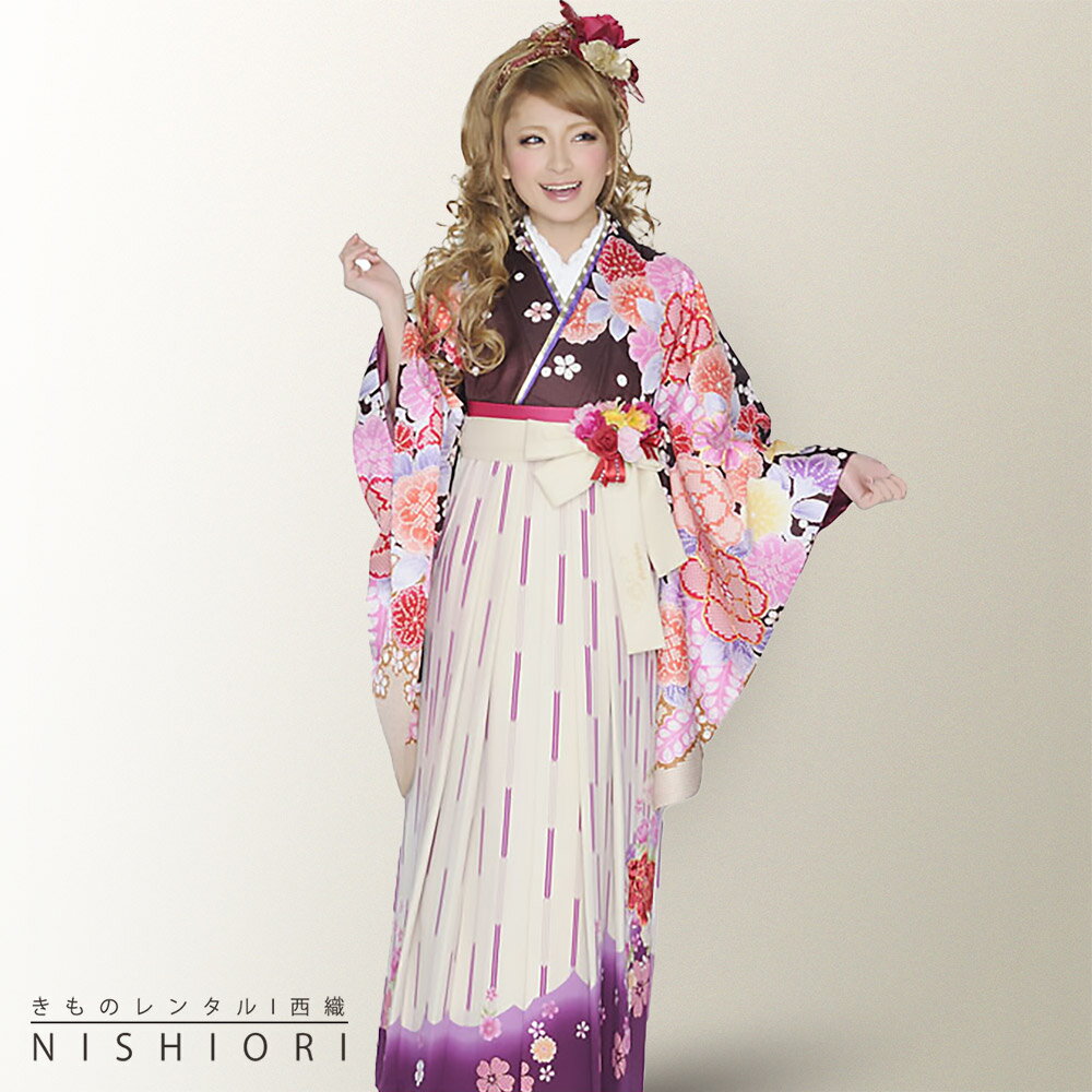 2尺袖着物と袴フルセットレンタル 【高橋真依子着用モデル】【貸衣装・卒業式】【an an/アンアン】【ブラウン・白・友禅】【ジュニア袴(小学生)対応可】【往復送料無料】