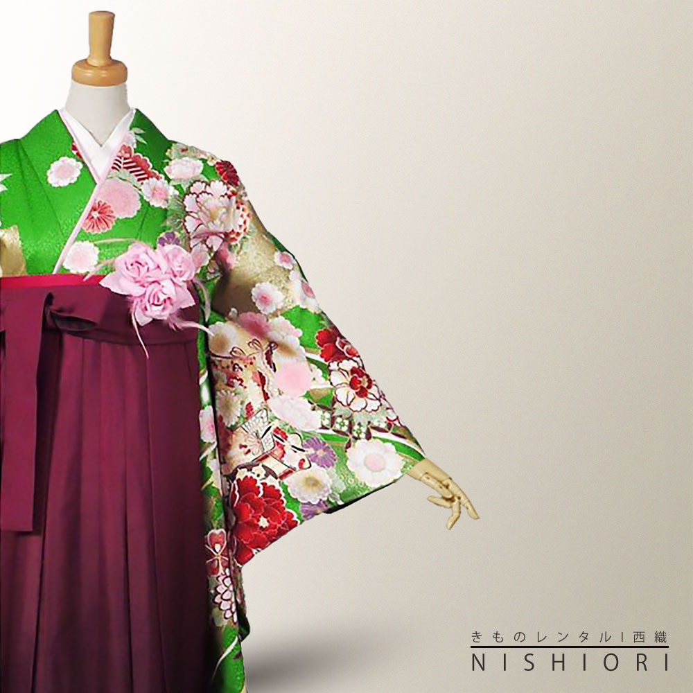 2尺袖 着物 袴 フルセット レンタル 【貸衣装・卒業式・二尺袖】From Kyoto ブランド袴・袴【選べる3サイズ S M L】【緑 紫 パープル えんじ 刺繍 ボカシ】【ジュニア袴(小学生)対応可】【往復送料無料】