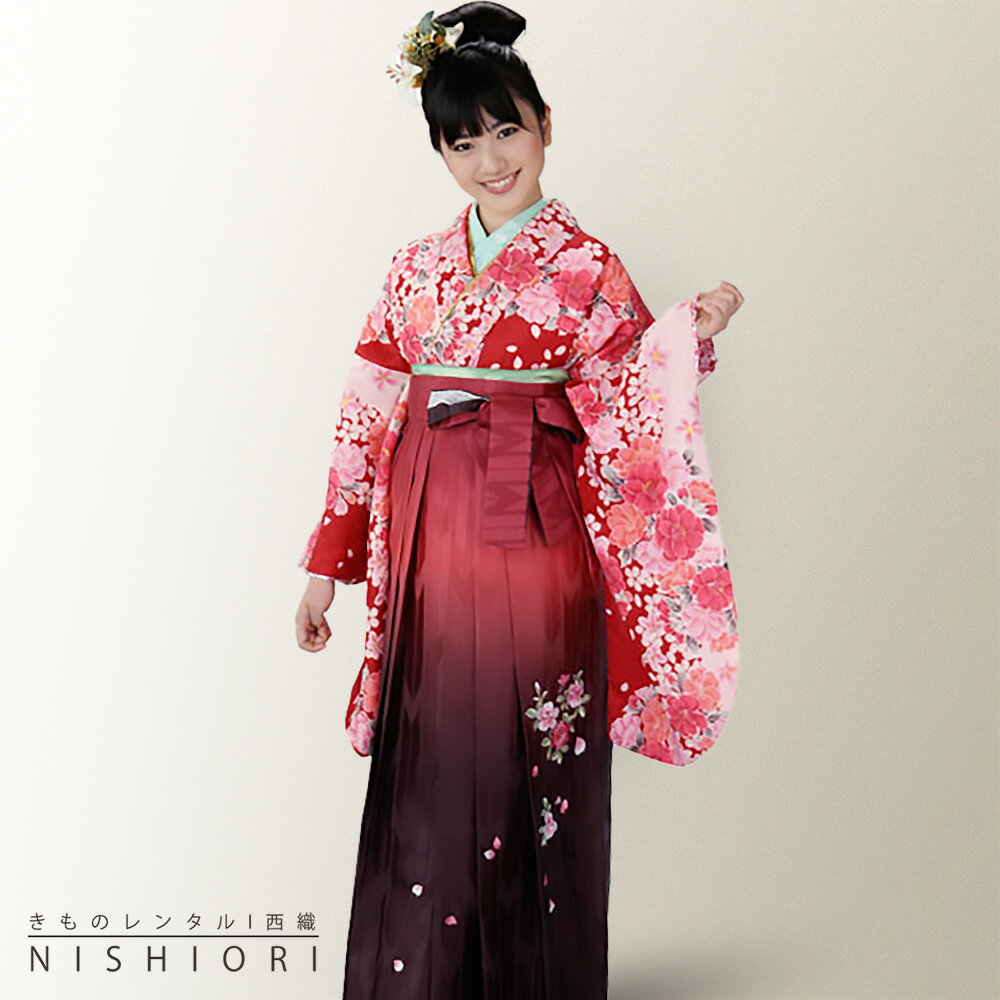 2尺袖 着物 袴 フルセット レンタル 【貸衣装・卒業式・二尺袖】【HL/アッシュエル】袴・袴【Mサイズ】【赤 ピンク エンジ ボカシ】【ジュニア袴(小学生)対応可】【往復送料無料】