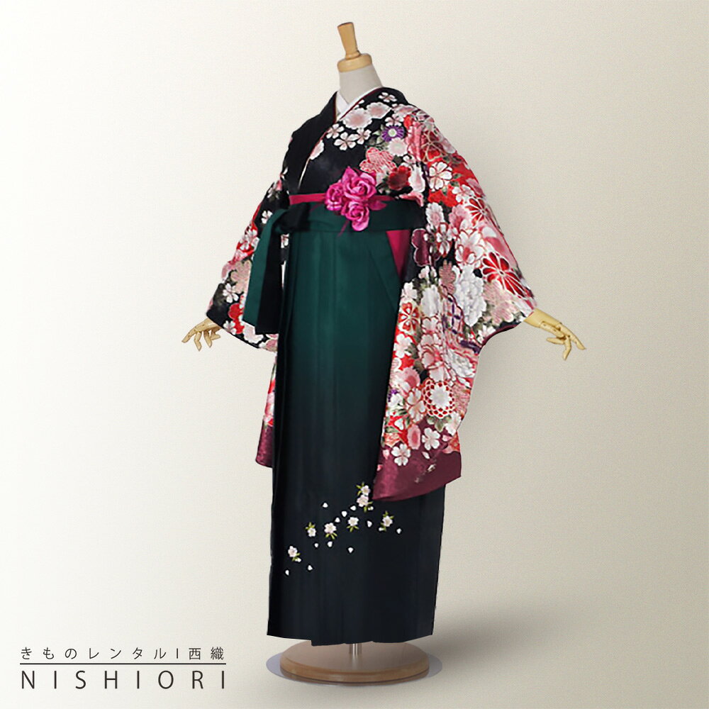 Rakuten - 2尺袖 着物 袴 フルセット レンタル 【貸衣装・卒業式・二尺袖】From Kyoto ブランド袴・袴【選べる3サイズ S M L】【黒 ブラック 緑 グリーン 刺繍 ボカシ】【ジュニア袴(小学生)対応可】【往復送料無料】