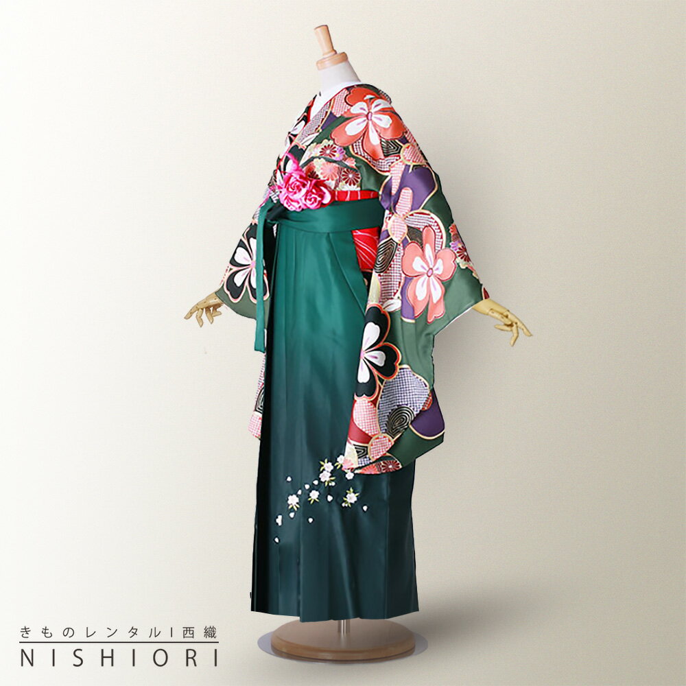 二尺袖着物と袴フルセットハイクラス レンタル 二尺袖【貸衣装・卒業式】袴・袴【選べる3サイズ S M L】【ジュニア袴(小学生)対応可】【古典 緑 大柄 桜 刺繍 ボカシ】【往復送料無料】