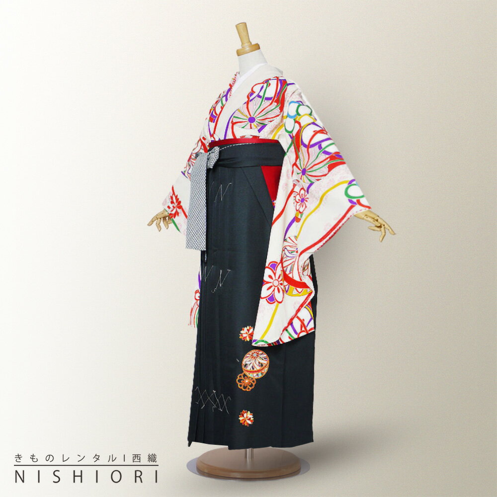 二尺袖 着物 と袴 フルセット レンタル 【貸衣装・卒業式】【夢千代×九重】【古典 白 鞠 黒 無地 刺繍】袴・袴M サイズ【ジュニア袴(小学生)対応可】【往復送料無料】