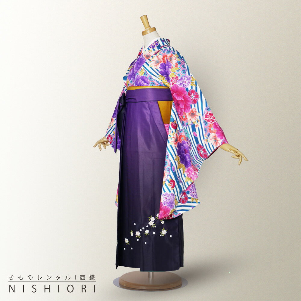 二尺袖 着物 と袴 フルセット レンタル 【貸衣装・卒業式】【レトロ 古典 青 ピンク ストライプ】袴・袴 選べる3サイズ S M L【ジュニア袴(小学生)対応可】【往復送料無料】